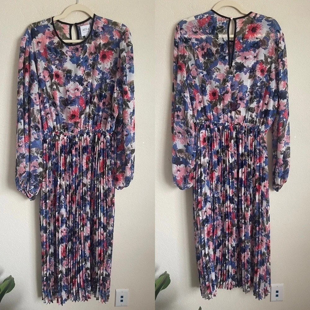 MISA LA Meadow Pleated Juliana Midi Dress Long Sleeve Floral